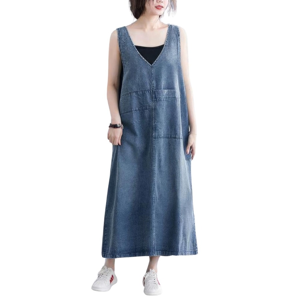 NWT Denim Jumper Dress Sleeveless Maxi Pinafore Back Slit Pockets Large